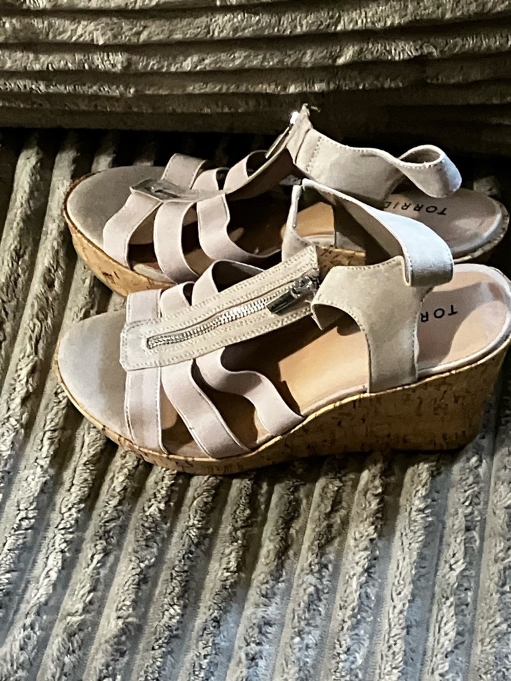 torrid Taupe Suede Cork Wedge Sandals with Front Zipper